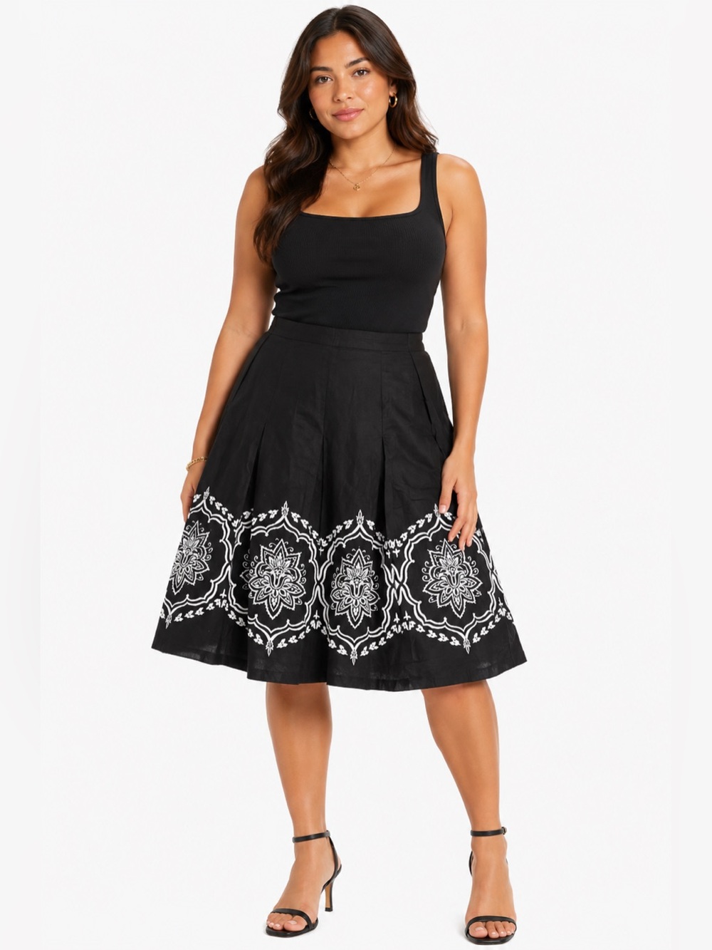 Y2K Vintage Attention Cotton Knee Skirt w Paisley Brocade Print (Black/White) M
